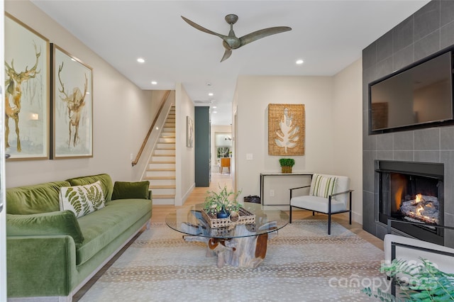 1081 Hicks Rd Unit B, Highlands, NC 28741 - living room featuring stairway, a large fireplace, recessed lighting, ceiling fan, and wood finished floors