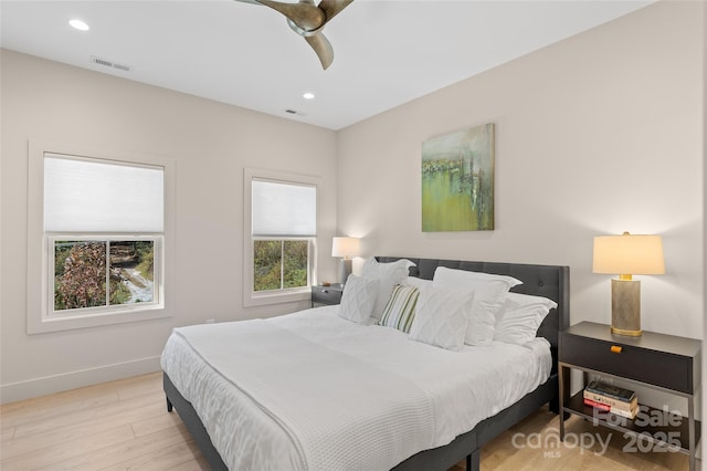 1081 Hicks Rd Unit B, Highlands, NC 28741 - bedroom with light wood finished floors, baseboards, recessed lighting, and ceiling fan