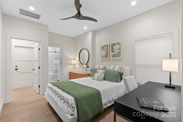 1081 Hicks Rd Unit B, Highlands, NC 28741 - bedroom featuring wood finished floors, recessed lighting, connected bathroom, and ceiling fan