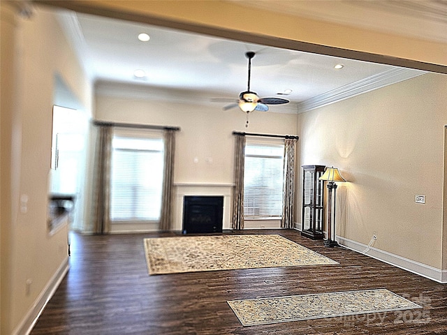 1108 Tarram Ct Unit 12, Lancaster, SC 29720 - unfurnished living room featuring crown molding, a ceiling fan, a fireplace, baseboards, and wood finished floors