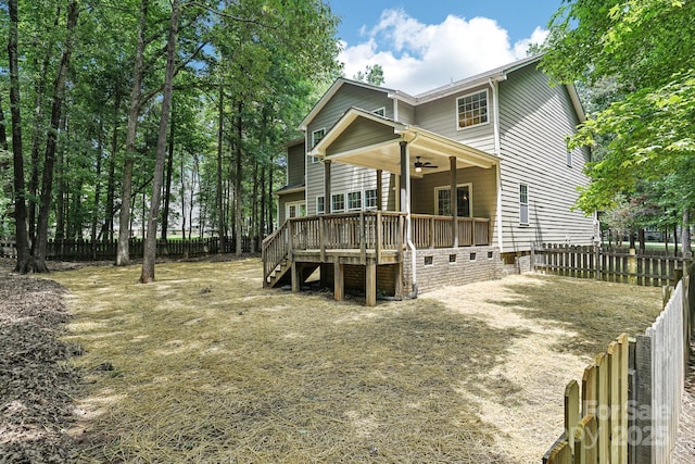 8521 Aspen Ct, Charlotte, NC 28227 - view of front of home featuring a ceiling fan, a fenced backyard, crawl space, a deck, and stairway