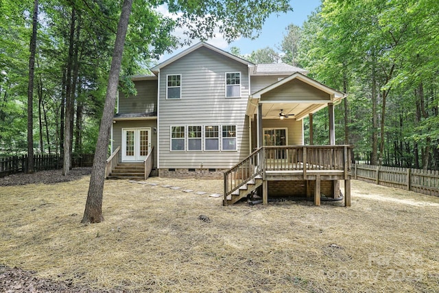 8521 Aspen Ct, Charlotte, NC 28227 - back of house with crawl space, a ceiling fan, french doors, a fenced backyard, and stairs