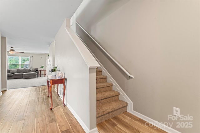 3996 Heather View Ln, Winston Salem, NC 27127 - stairway with wood finished floors, a ceiling fan, and baseboards