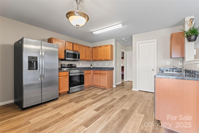 3996 Heather View Ln, Winston Salem, NC 27127 - kitchen featuring stainless steel appliances, a sink, light wood-type flooring, baseboards, and dark countertops