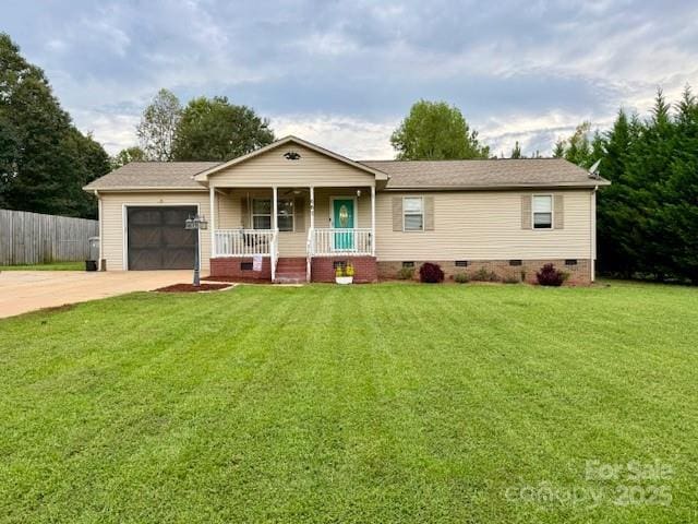 667 Blossom Hill Rd, Lincolnton, NC 28092 - ranch-style home with crawl space, a porch, a garage, and concrete driveway
