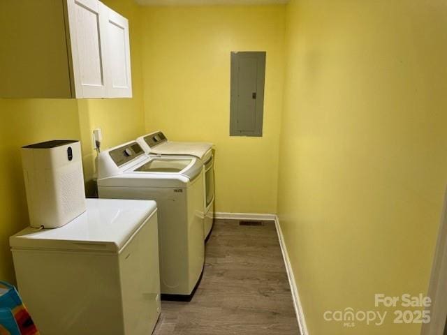 667 Blossom Hill Rd, Lincolnton, NC 28092 - washroom with electric panel, washing machine and dryer, wood finished floors, cabinet space, and baseboards