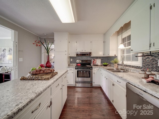 2666 Hill Ln, Gastonia, NC 28054 - kitchen with appliances with stainless steel finishes, a sink, dark wood-type flooring, decorative backsplash, and crown molding