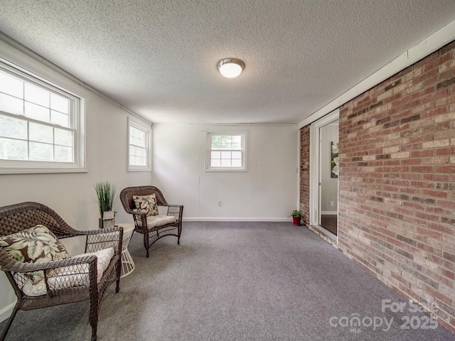 2666 Hill Ln, Gastonia, NC 28054 - sitting room featuring brick wall, carpet, a textured ceiling, and baseboards