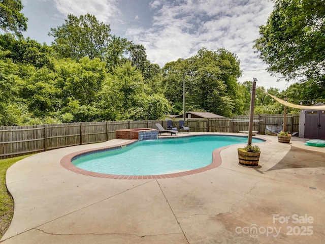 2666 Hill Ln, Gastonia, NC 28054 - view of pool with a patio, a fenced backyard, view of scattered trees, a jacuzzi, and a shed