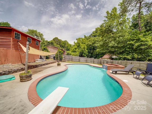 2666 Hill Ln, Gastonia, NC 28054 - view of swimming pool with a patio area, a fenced backyard, view of wooded area, and a diving board