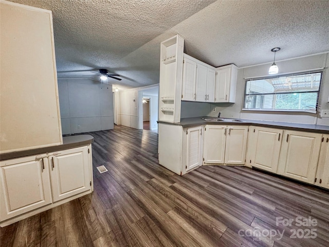 1145 Daniel Rd, Mocksville, NC 27028 - kitchen with dark wood-style floors, ceiling fan, dark countertops, a textured ceiling, and a sink