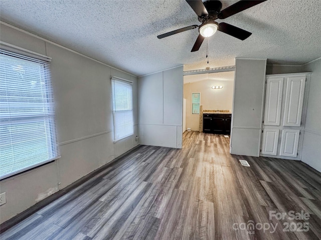 1145 Daniel Rd, Mocksville, NC 27028 - unfurnished living room featuring wood finished floors, a textured ceiling, and ceiling fan