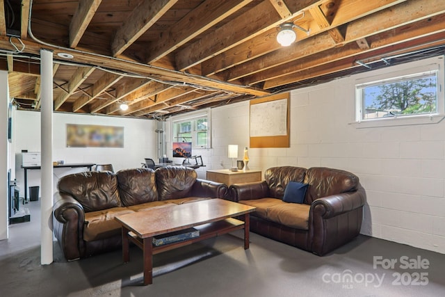 318 Old Leicester Hwy, Asheville, NC 28806 - living area with concrete flooring, plenty of natural light, and concrete block wall