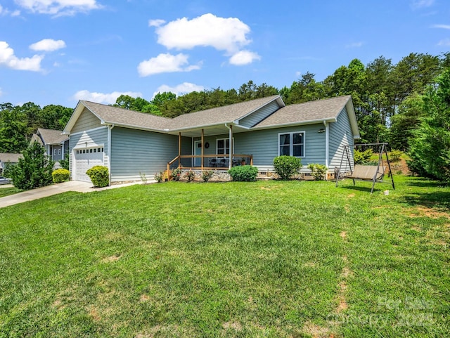 2301 Saratoga Run, Morganton, NC 28655 - ranch-style home with a porch, a garage, a front lawn, driveway, and roof with shingles