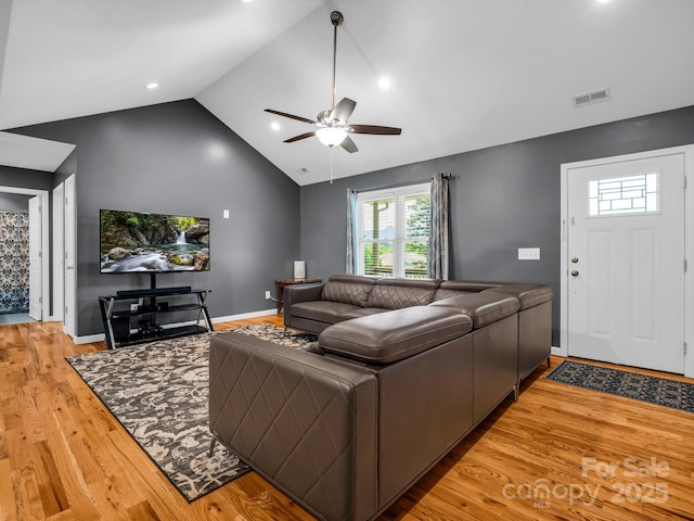2301 Saratoga Run, Morganton, NC 28655 - living area featuring light wood-style flooring, a ceiling fan, baseboards, high vaulted ceiling, and recessed lighting