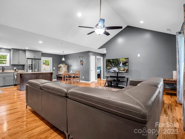 2301 Saratoga Run, Morganton, NC 28655 - living room featuring ceiling fan, light wood-style flooring, high vaulted ceiling, and recessed lighting
