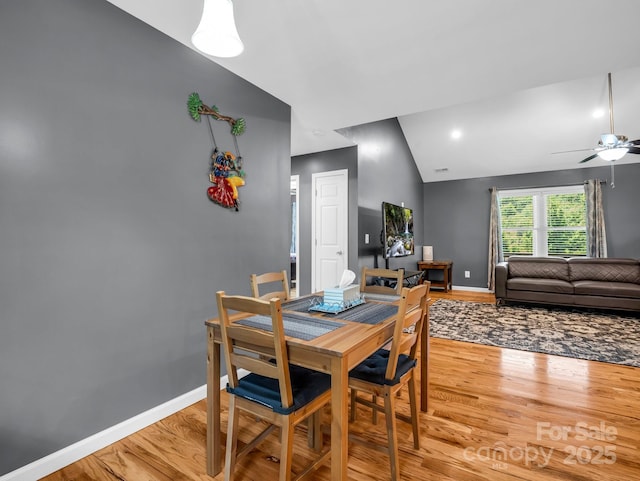 2301 Saratoga Run, Morganton, NC 28655 - dining space featuring light wood-style flooring, baseboards, a ceiling fan, and vaulted ceiling