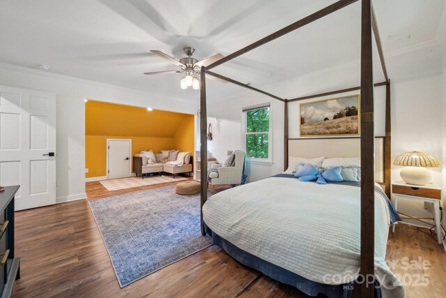 2507 Connemara Dr, Matthews, NC 28105 - bedroom with crown molding, wood finished floors, and a ceiling fan
