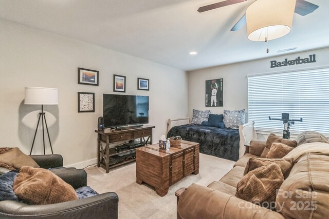 2112 Balting Glass Dr, Indian Trail, NC 28079 - living room featuring light carpet, ceiling fan, recessed lighting, and baseboards