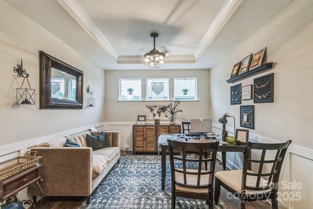2112 Balting Glass Dr, Indian Trail, NC 28079 - dining area with a ceiling fan, a wainscoted wall, a raised ceiling, an office area, and a decorative wall