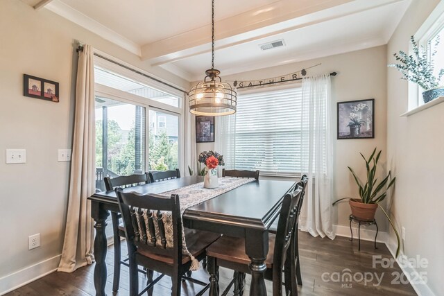 2112 Balting Glass Dr, Indian Trail, NC 28079 - dining area with baseboards, dark wood-style flooring, and beamed ceiling