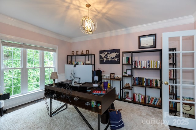 132 Parkside Ln, Mooresville, NC 28117 - carpeted office featuring ornamental molding and a chandelier