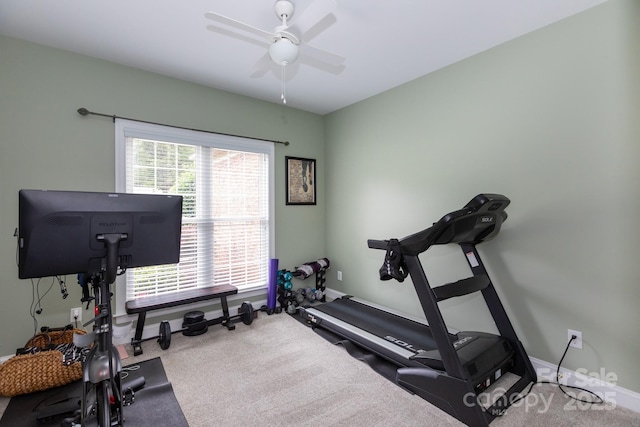 132 Parkside Ln, Mooresville, NC 28117 - workout room with baseboards, a ceiling fan, and carpet floors