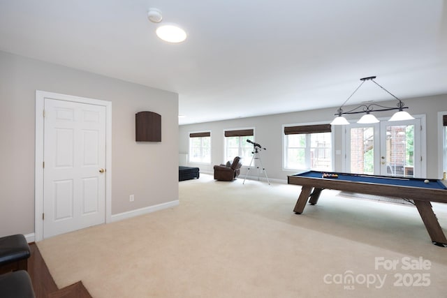 132 Parkside Ln, Mooresville, NC 28117 - playroom featuring baseboards, carpet flooring, billiards, and french doors