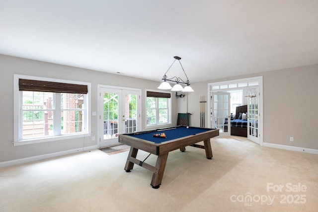 132 Parkside Ln, Mooresville, NC 28117 - rec room with french doors, baseboards, light colored carpet, and billiards table