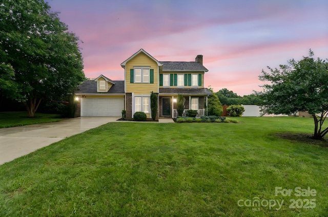 105 Carmel Hills Dr, Gastonia, NC 28056 - traditional-style home with a chimney, concrete driveway, a garage, and a porch