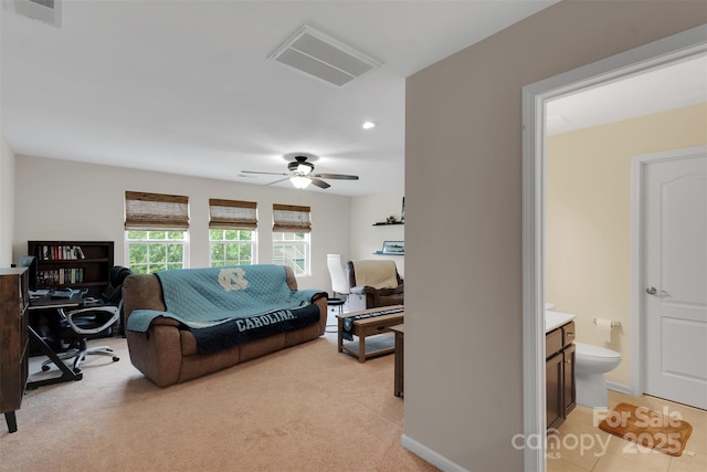 417 Brier Knob Dr, Fort Mill, SC 29715 - living area featuring a ceiling fan, recessed lighting, light colored carpet, and an office area