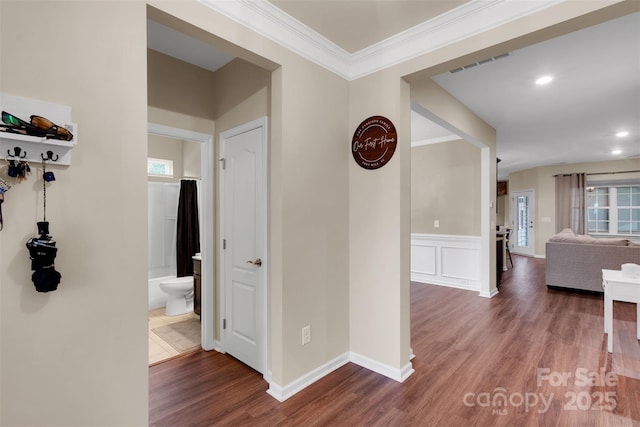 417 Brier Knob Dr, Fort Mill, SC 29715 - hallway with wood finished floors, ornamental molding, and recessed lighting