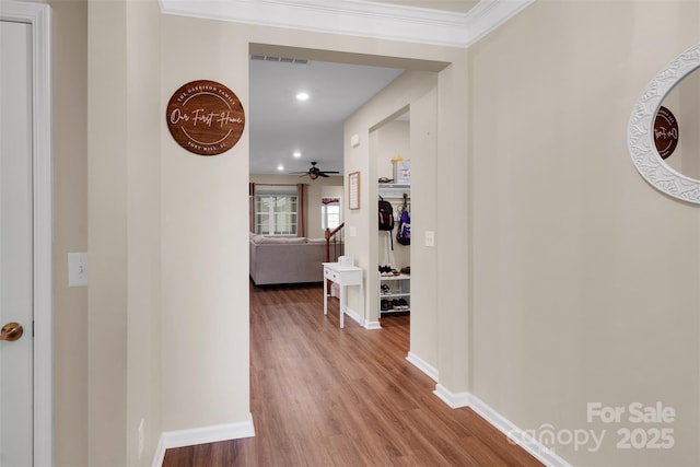 417 Brier Knob Dr, Fort Mill, SC 29715 - hall featuring wood finished floors, recessed lighting, and ornamental molding