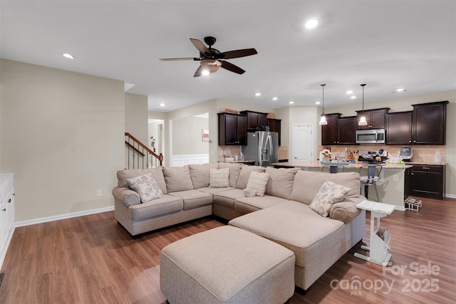 417 Brier Knob Dr, Fort Mill, SC 29715 - living area featuring ceiling fan, recessed lighting, dark wood-type flooring, and stairs