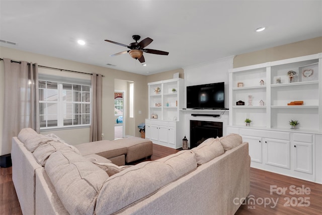 417 Brier Knob Dr, Fort Mill, SC 29715 - living room featuring ceiling fan, a fireplace, dark wood-style flooring, and recessed lighting