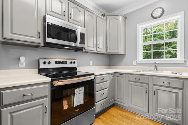 5362 Beacon Ridge Dr, Granite Falls, NC 28630 - kitchen with gray cabinets, appliances with stainless steel finishes, a sink, ornamental molding, and light countertops
