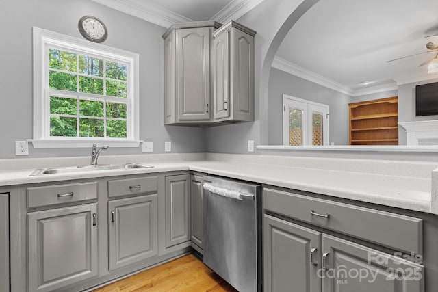 5362 Beacon Ridge Dr, Granite Falls, NC 28630 - kitchen featuring gray cabinets, stainless steel dishwasher, a sink, crown molding, and a ceiling fan