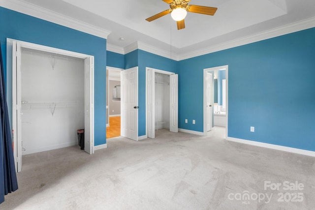 5362 Beacon Ridge Dr, Granite Falls, NC 28630 - unfurnished bedroom with two closets, crown molding, carpet flooring, baseboards, and ensuite bath