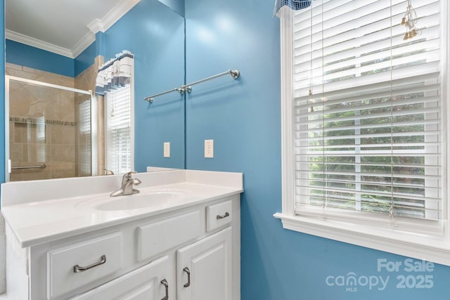 5362 Beacon Ridge Dr, Granite Falls, NC 28630 - bathroom with a stall shower, vanity, and ornamental molding
