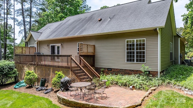 5362 Beacon Ridge Dr, Granite Falls, NC 28630 - rear view of house featuring roof with shingles, a wooden deck, a patio, and crawl space