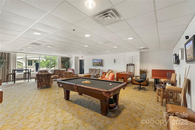 4620 Piedmont Row Dr Unit 308, Charlotte, NC 28210 - rec room with billiards, a paneled ceiling, light colored carpet, and recessed lighting