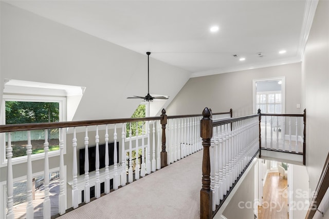 9219 Whispering Wind Dr, Charlotte, NC 28277 - hallway featuring crown molding, recessed lighting, vaulted ceiling, and an upstairs landing