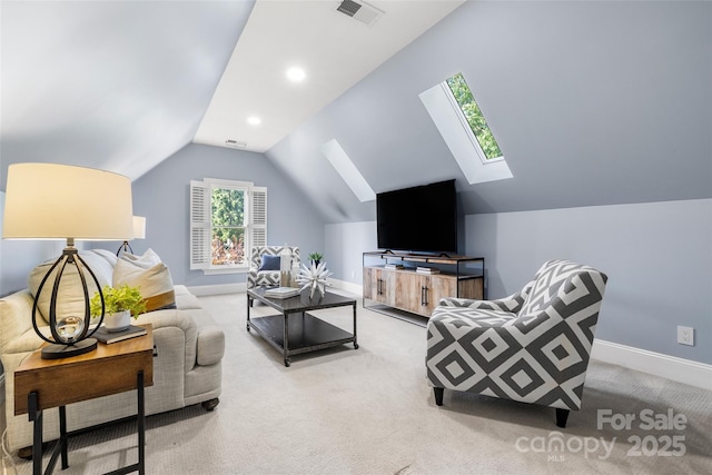 9219 Whispering Wind Dr, Charlotte, NC 28277 - carpeted living area with a skylight, vaulted ceiling, baseboards, and recessed lighting