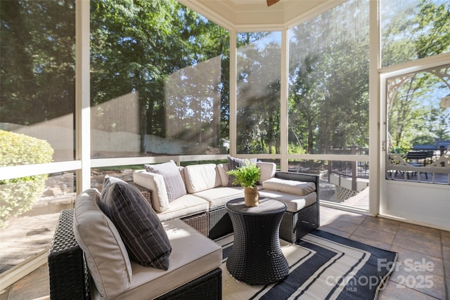 9219 Whispering Wind Dr, Charlotte, NC 28277 - sunroom / solarium featuring outdoor lounge area and ceiling fan