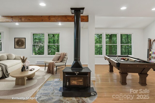291 Dills Rd, Bryson City, NC 28713 - rec room featuring wood finished floors, recessed lighting, a wood stove, billiards table, and beam ceiling