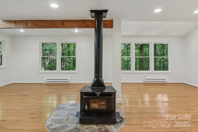 291 Dills Rd, Bryson City, NC 28713 - unfurnished living room with a wood stove, plenty of natural light, wood finished floors, a baseboard radiator, and recessed lighting