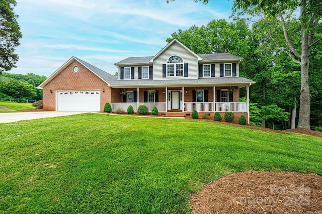 2728 Touchstone Cir, Newton, NC 28658 - colonial-style house with covered porch, an attached garage, a front lawn, driveway, and brick siding
