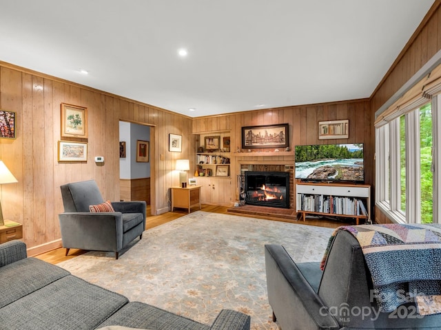 185 Greenstoke Loop, Tryon, NC 28782 - living area with wood walls, baseboards, a glass covered fireplace, wood finished floors, and crown molding