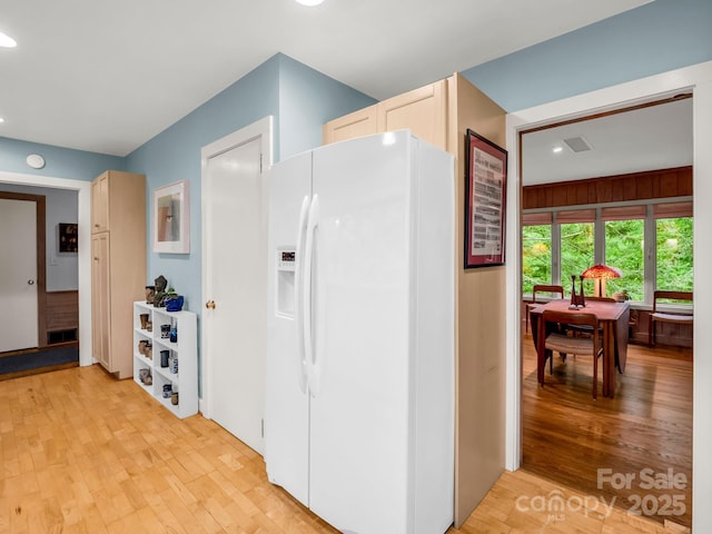 185 Greenstoke Loop, Tryon, NC 28782 - kitchen with white fridge with ice dispenser, light wood finished floors, and recessed lighting