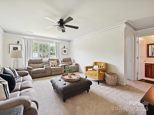1109 Woodwinds Dr, Waxhaw, NC 28173 - living area with crown molding, ceiling fan, carpet flooring, and baseboards